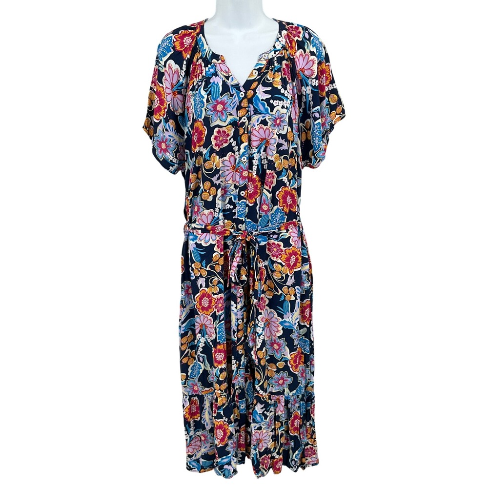 Umgee Plus Floral Midi Dress Womens 2XL Navy Boho Tiered Button Front Colorful